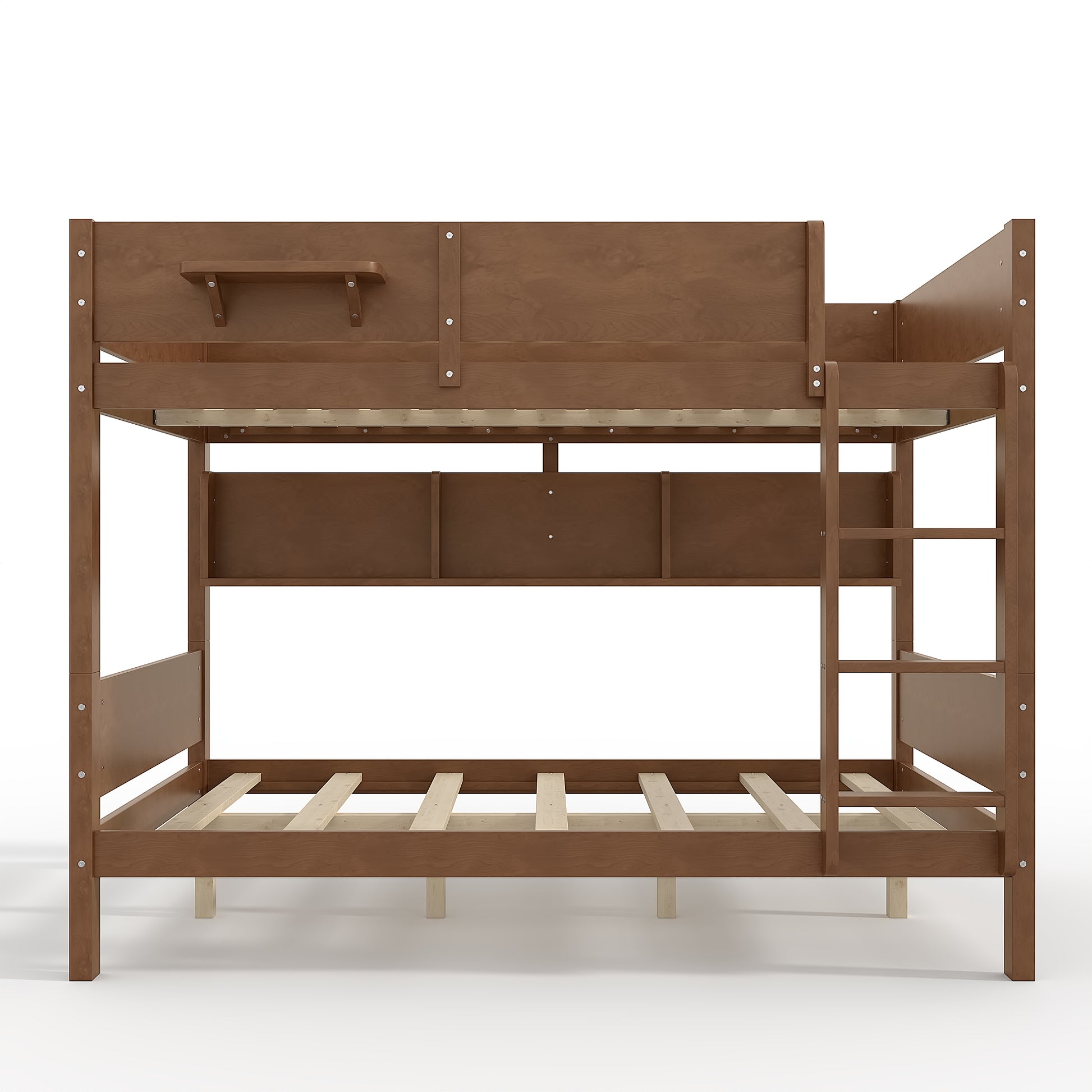 Queen over Queen Bunk Bed with Convenient Tray, Solid Wood Bunk Bed with Storage Shelves and Upgraded Slats,Vintage Brown image 7