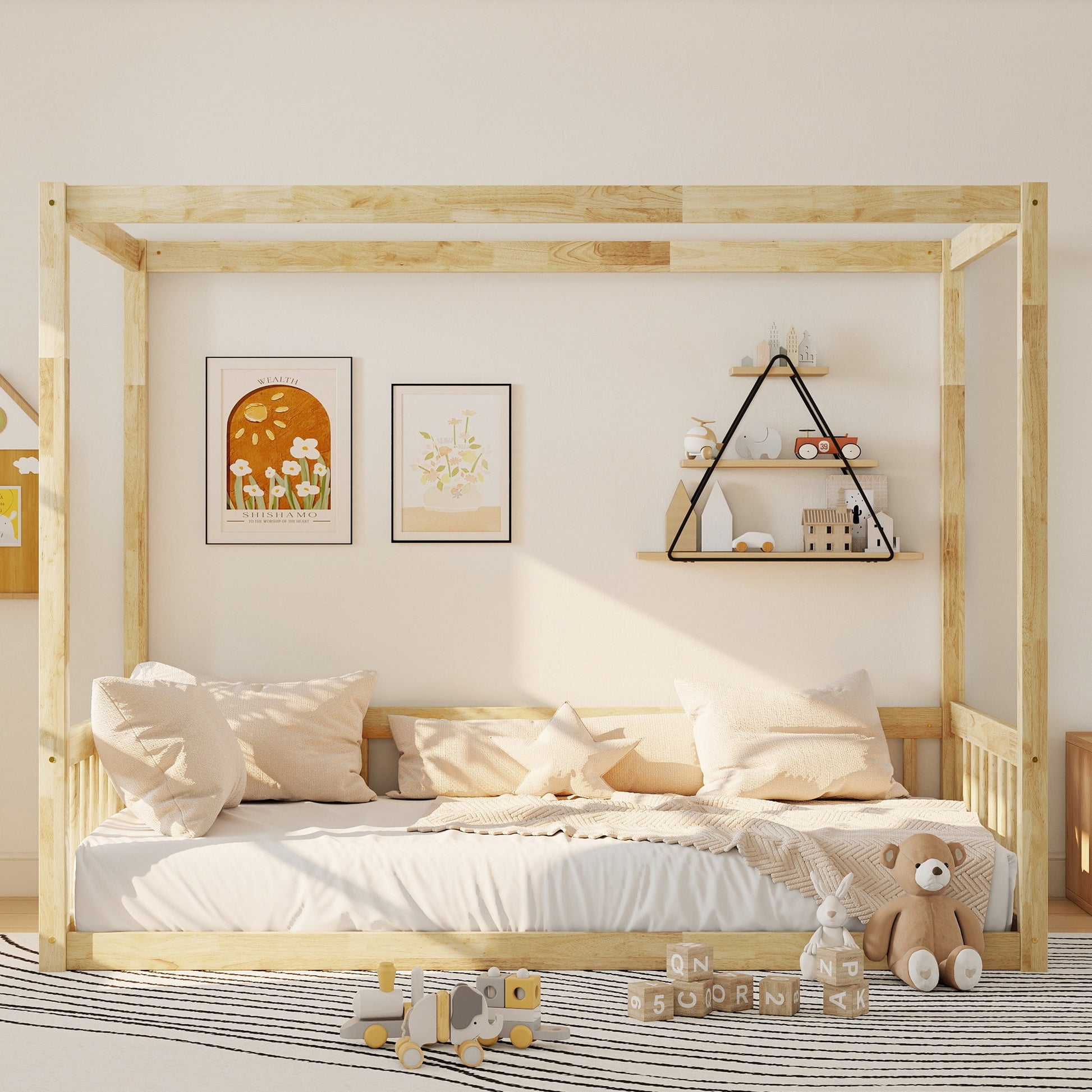 Twin Size Canopy Frame Floor Bed with Fence,Guardrails,Natural (Old Sku:W504P143279) image 1
