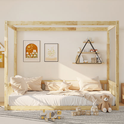Twin Size Canopy Frame Floor Bed with Fence,Guardrails,Natural (Old Sku:W504P143279) image 1