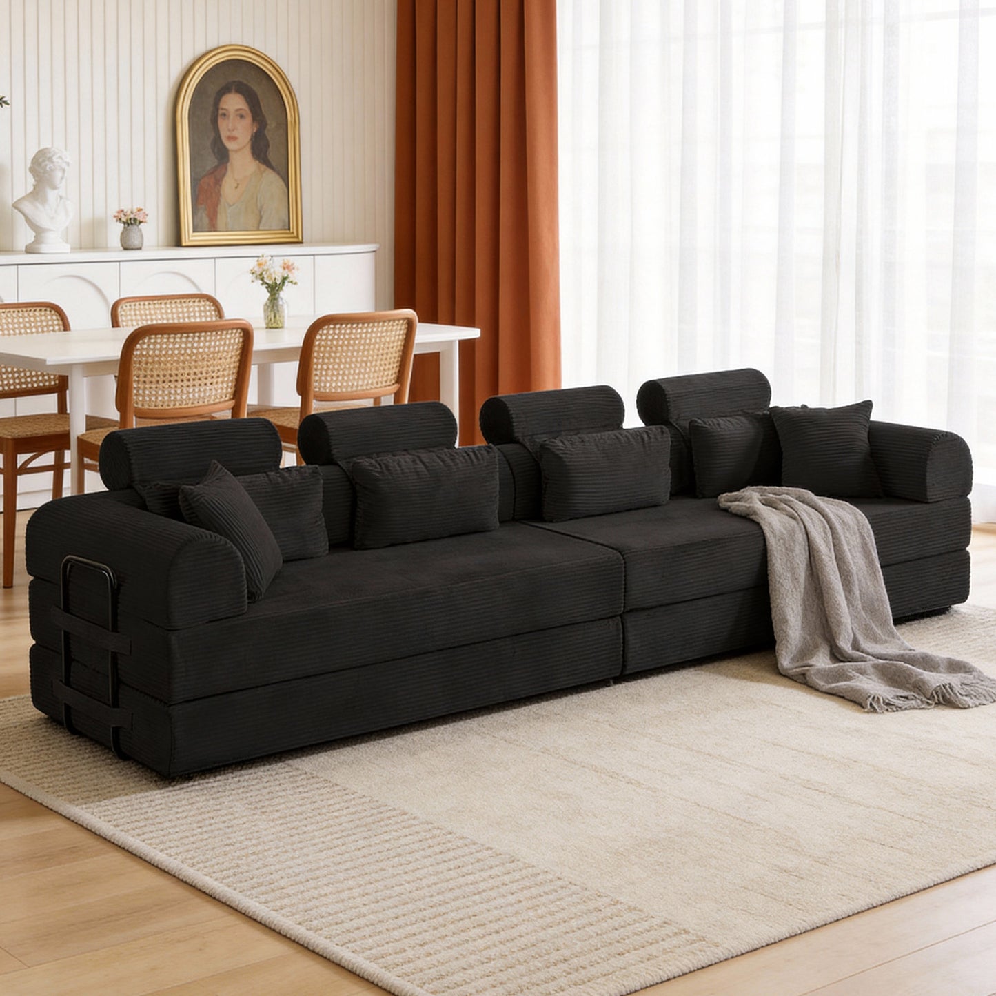 L shape Modular Sectional Sofa, Compressed Sectional Sofa Modern Minimalist Style Corduroy Couch,Unfold into a bed, Bedroom, Comfy Compressed Sofa Couch Space-Efficient Design(black) image 3