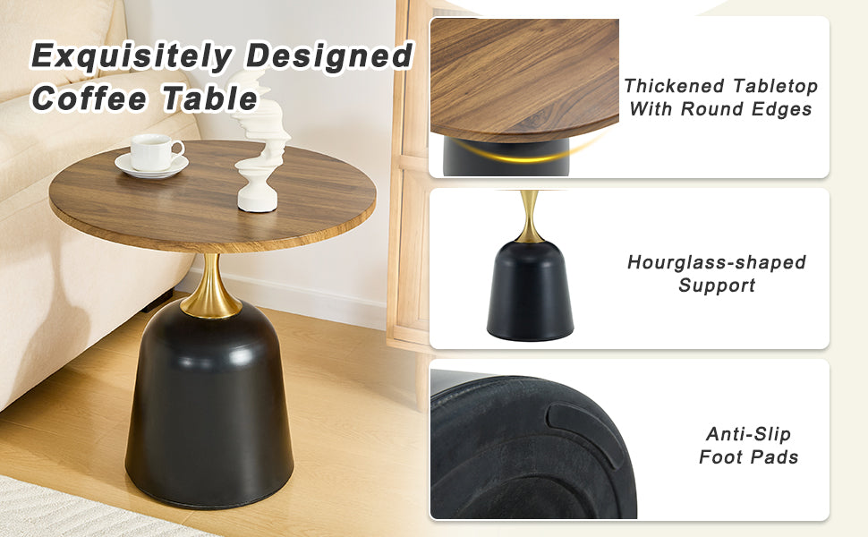 23.6 inch circular side table coffee table, metal base living room table, simple and modern walnut wood grain decoration, negotiation table, unique circular sofa headboard office desk. image 9
