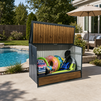 Wood Grain Galvanized Steel Storage Cabinet, Lift-Up Top & Foldable Front Door Large Capacity Tool Cabinet for Indoor, Garage & Backyard Use 594.39 US Gal 2.25m³ image 7