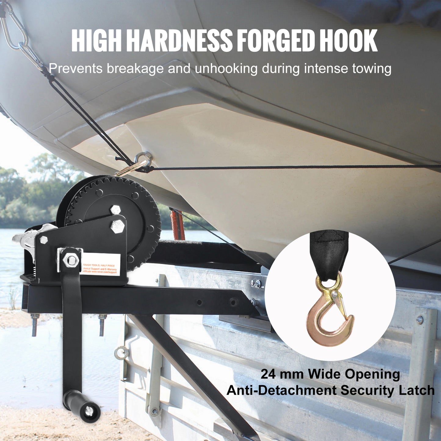 Hand Winch, 2000 lbs Pulling Capacity, Boat Trailer Winch Heavy Duty Rope Crank with 23 ft Polyester Strap and Two-Way Ratchet, Manual Operated Hand Crank Winch for Trailer, Boat or ATV Towing image 4