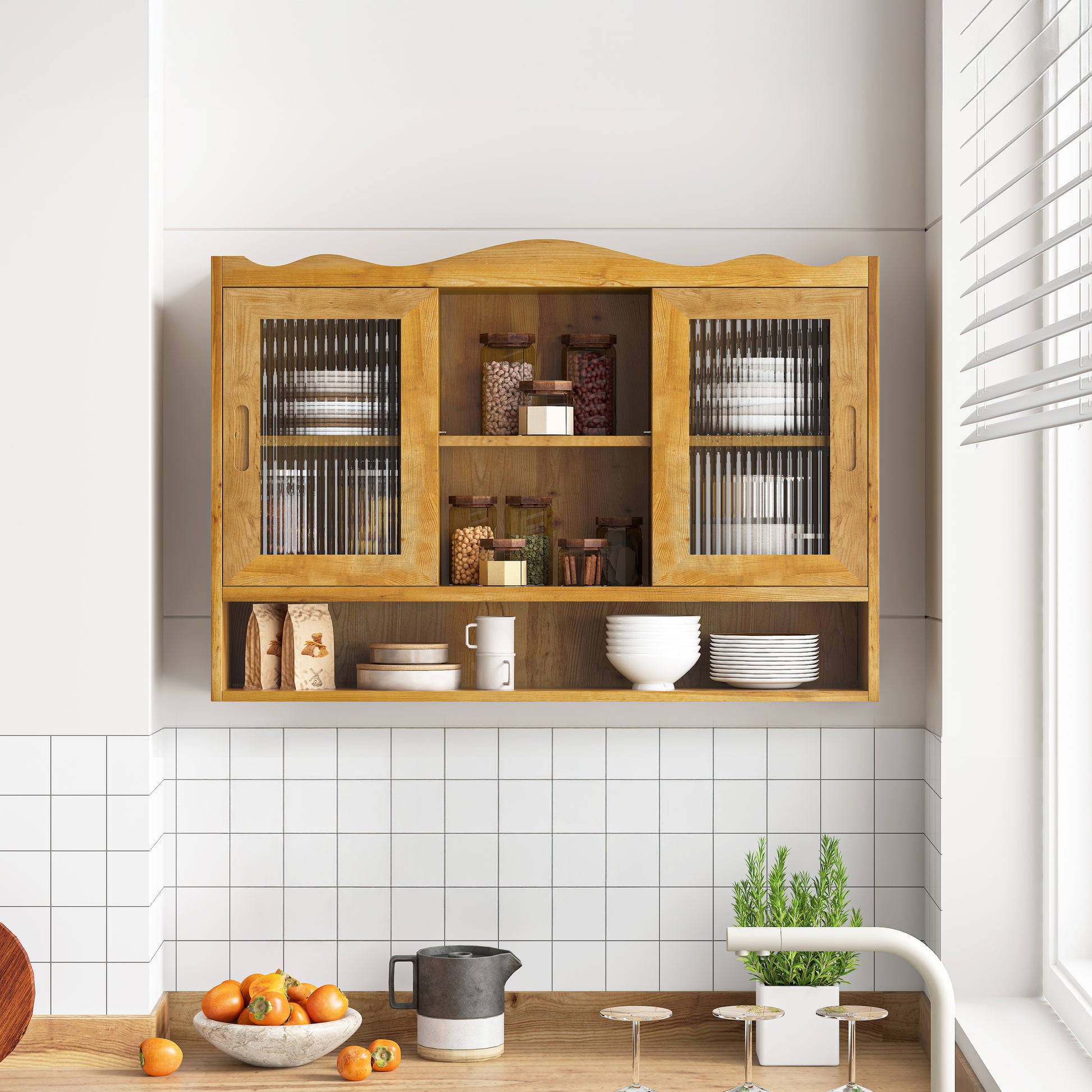 35.4"Retro 2 Door Sliding Cabinet Three Layers of Storage Space,Suitable for Bathrooms,Kitchens,Dining Rooms,Natural image 1