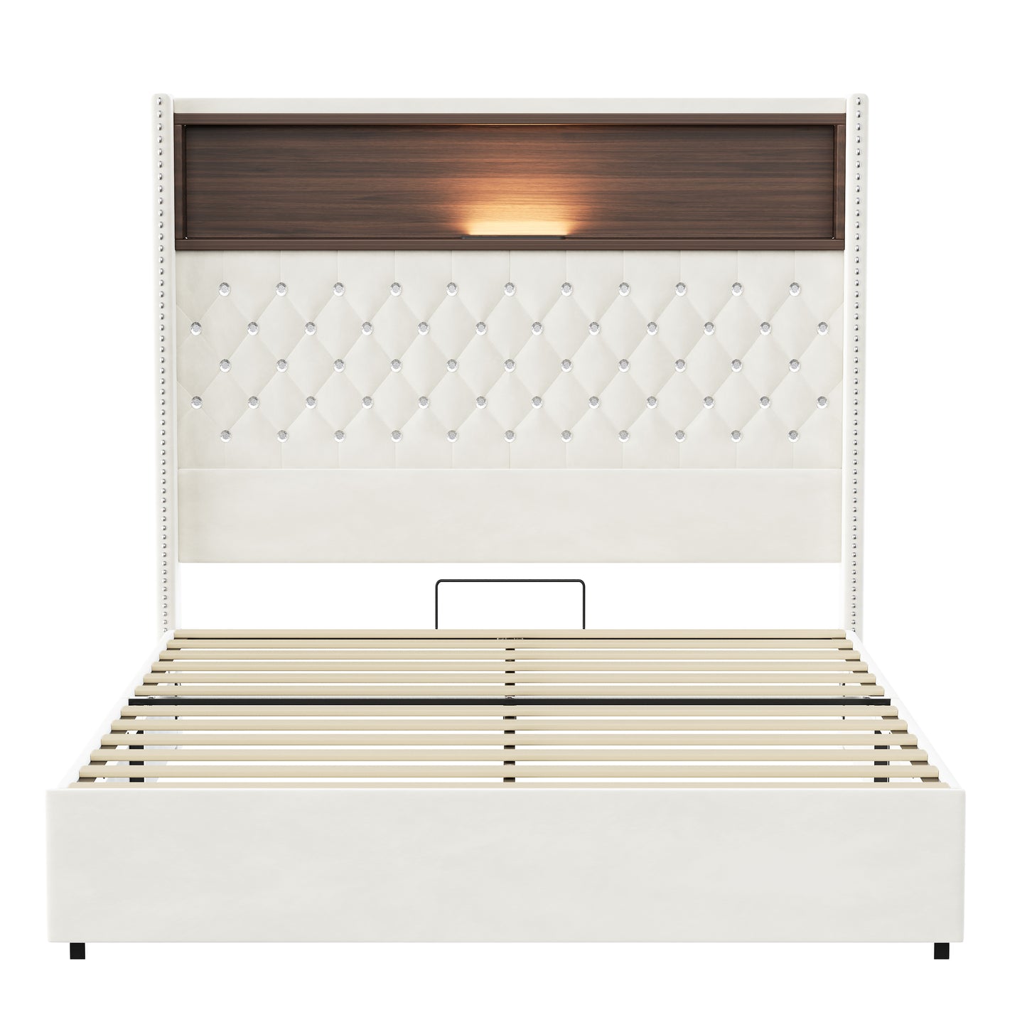 Full Size Velvet Tufted Soft Bed Frame with USB Port and Night Light,52''High Headboard with Rivet Decoration,Wing-back Platform Bed with Headboard Shelf,Beige image 11