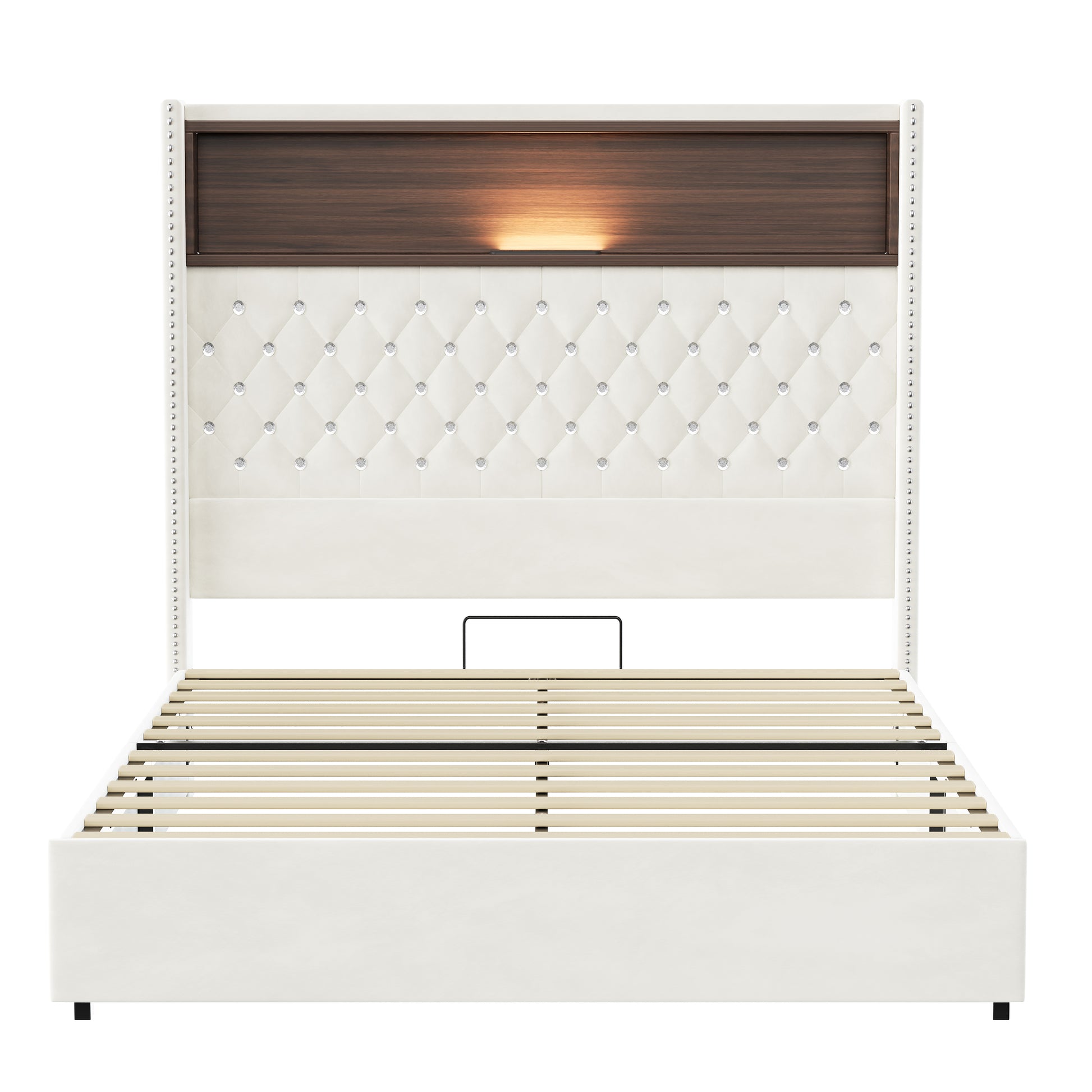 Full Size Velvet Tufted Soft Bed Frame with USB Port and Night Light,52''High Headboard with Rivet Decoration,Wing-back Platform Bed with Headboard Shelf,Beige image 11