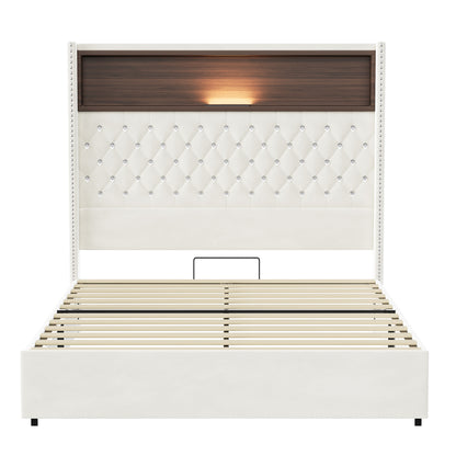 Full Size Velvet Tufted Soft Bed Frame with USB Port and Night Light,52''High Headboard with Rivet Decoration,Wing-back Platform Bed with Headboard Shelf,Beige image 11