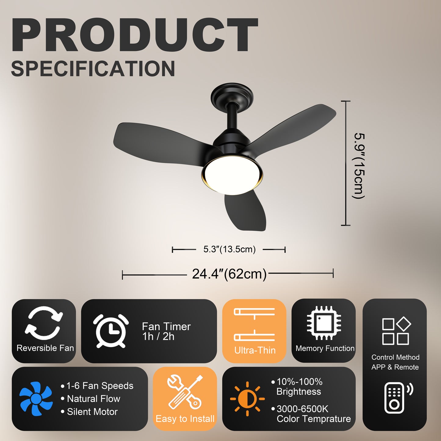 24.4" Black Ceiling Fan with Light, 3 Blades, 6-Speed Reversible Quiet DC Motor, Dimmable LED, APP & Remote Control, Flush Mount for Bedroom Living Room Covered Patio image 7