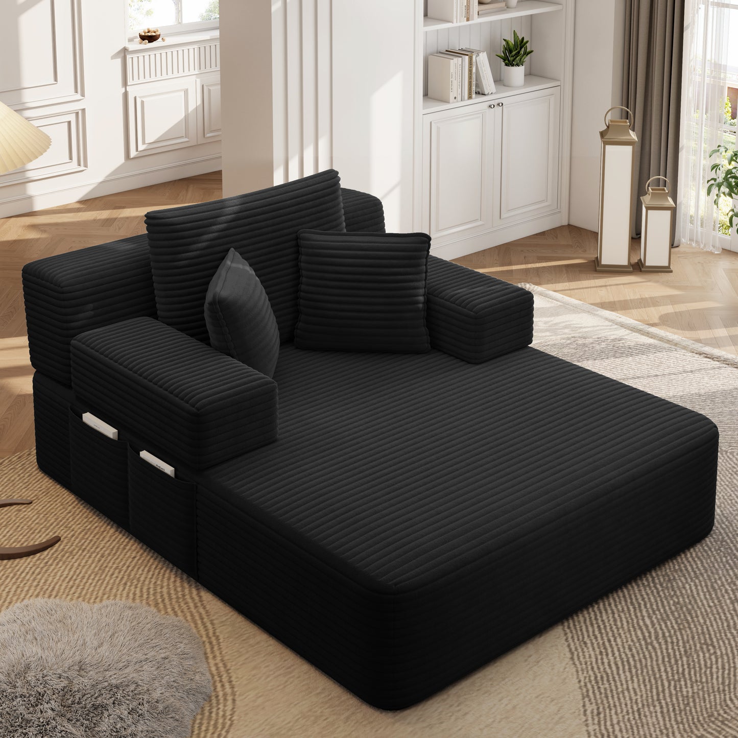 Luxurious Plush Corduroy Chaise Lounge with 3 Pillows, Convertible Sofa Bed with Storage Pocket, Frameless Design & Compression Foam for Small Spaces, Living Room, Apartment,Black image 6