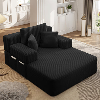 Luxurious Plush Corduroy Chaise Lounge with 3 Pillows, Convertible Sofa Bed with Storage Pocket, Frameless Design & Compression Foam for Small Spaces, Living Room, Apartment,Black image 6