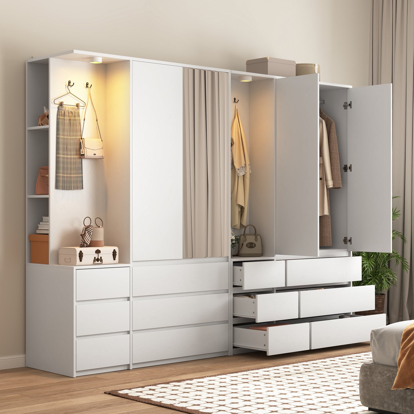 Wardrobe Closet 71.7" H, Bedroom Wooden Wardrobe with 2 Doors 6 Drawers, Modern Clothing Storage Cabinet Combination with Storage Shelves and Hanging Rail, White image 9