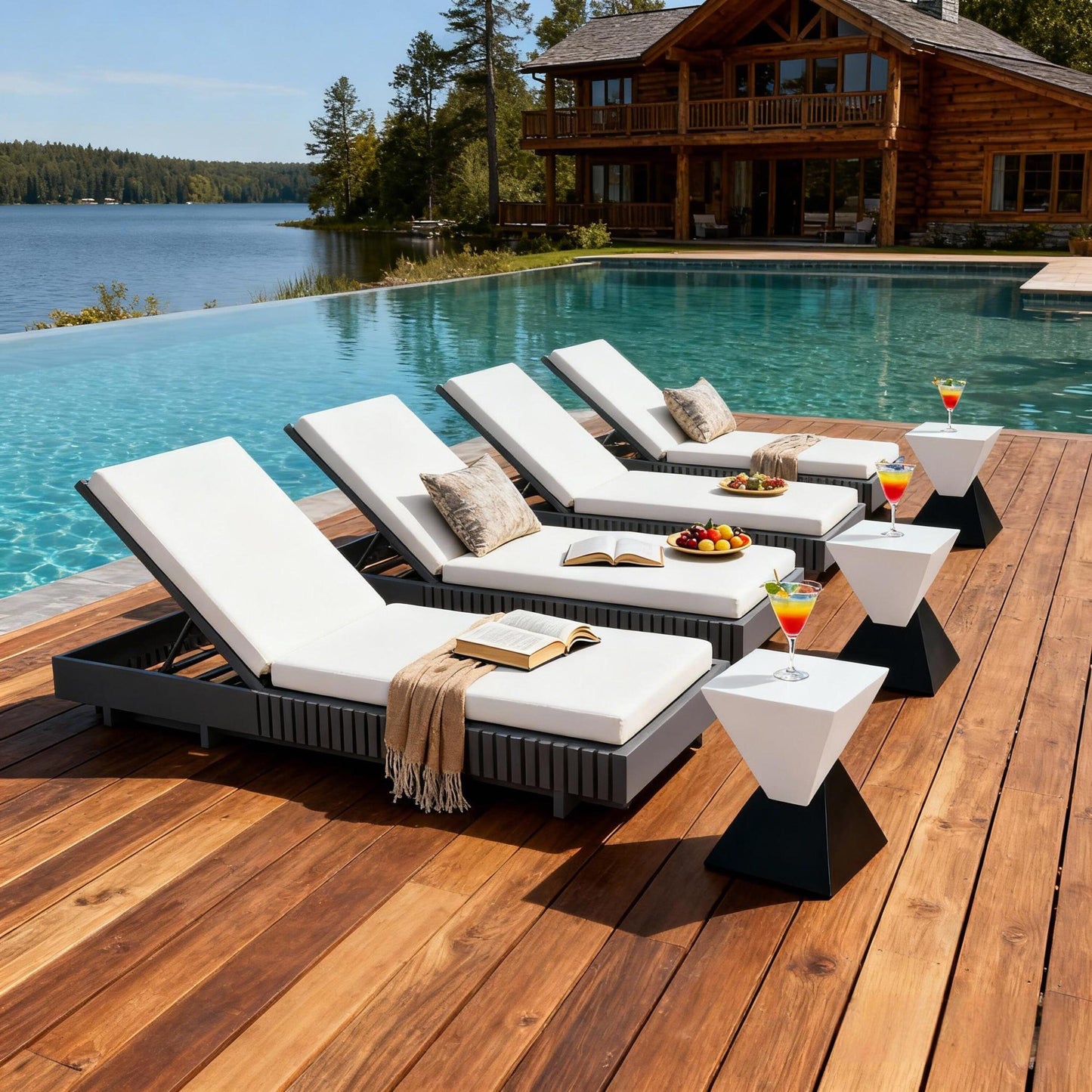 Dark Gray Acacia Solid Wood Outdoor Chaise Lounge with Cream Water-Repellent Cushion, 400lbs Capacity, Modern Patio Sun Lounger for Garden, Poolside image 7