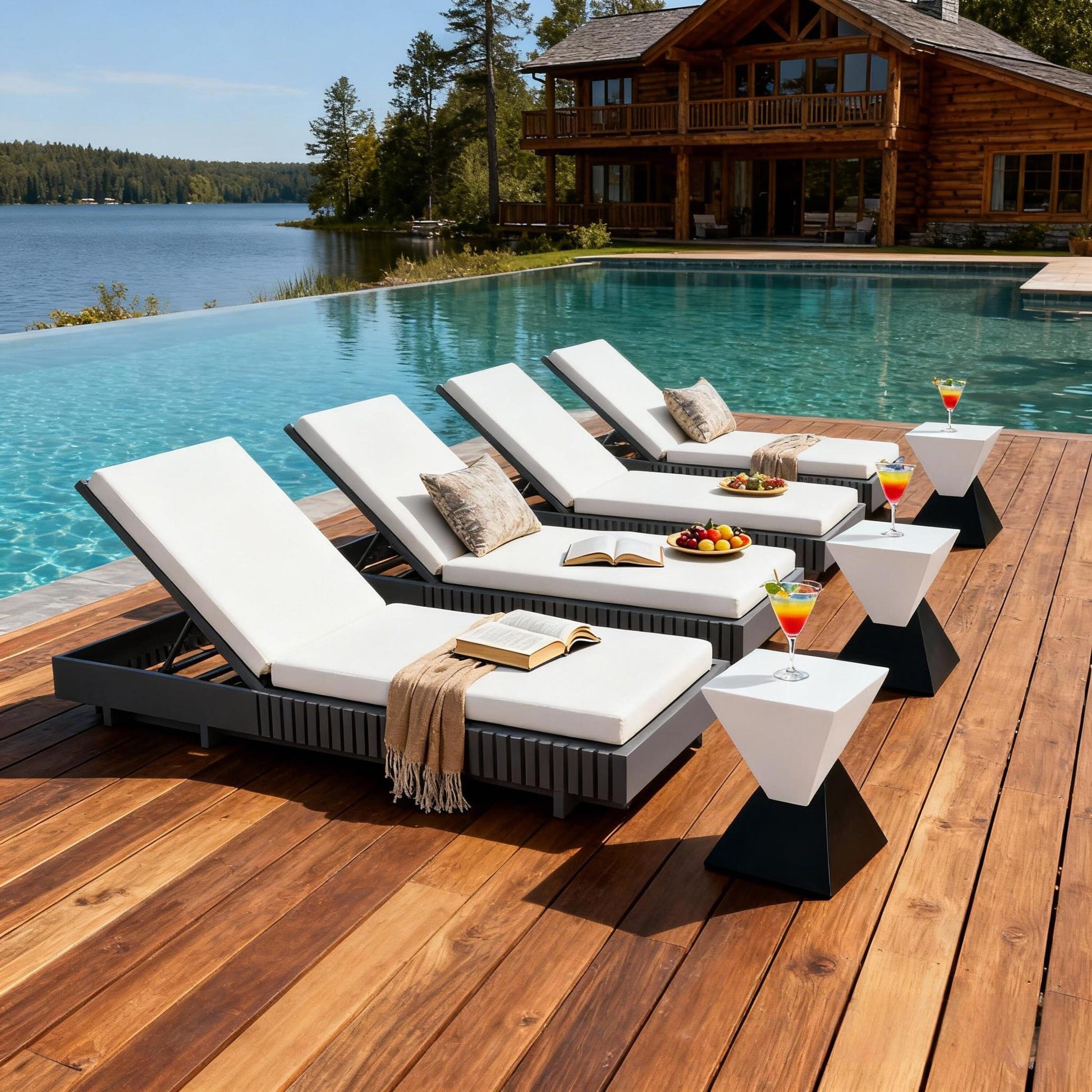 Dark Gray Acacia Solid Wood Outdoor Chaise Lounge with Cream Water-Repellent Cushion, 400lbs Capacity, Modern Patio Sun Lounger for Garden, Poolside image 7