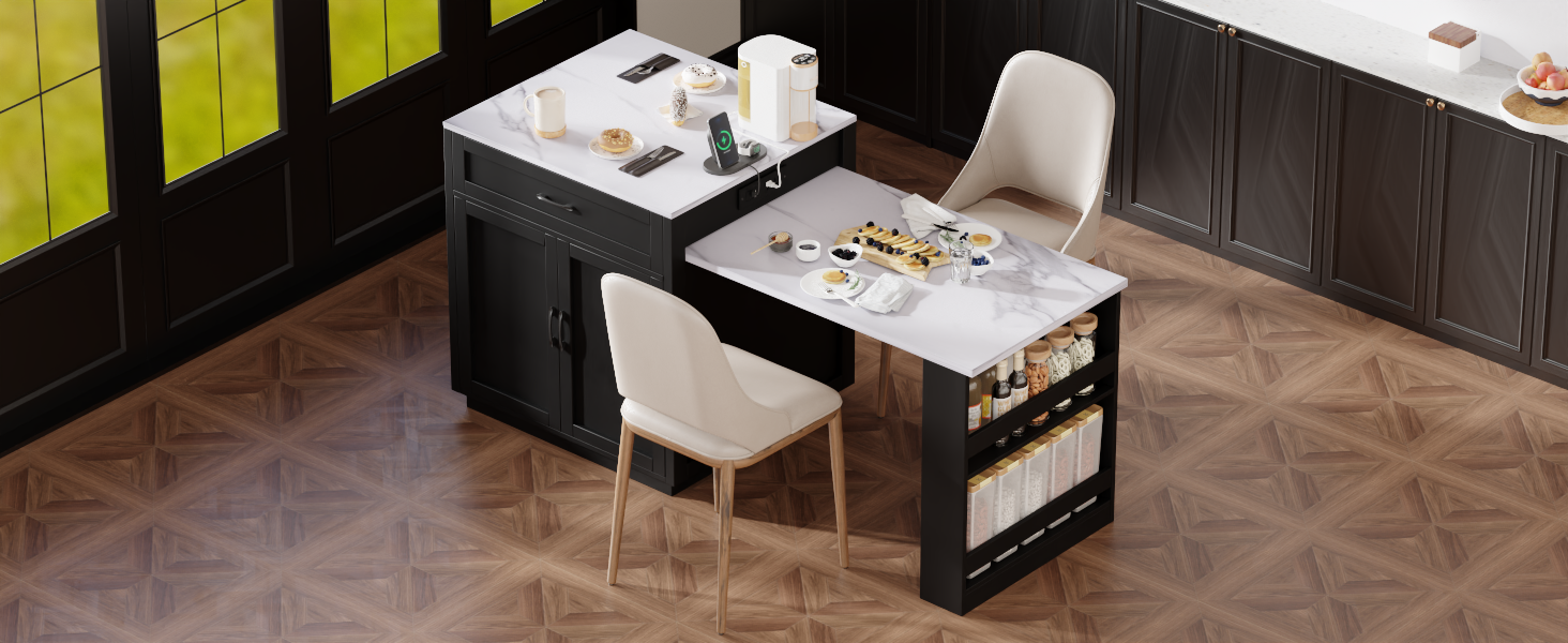 K&K 82.7 inch Kitchen Island with Extendable Dining Table for 4-6 Person,Faux Mable Kitchen Table with Double-sized Storage,Power Outlet,Kitchen island with Storage 2 Drawers 2 Side Open Shelves,Black image 9