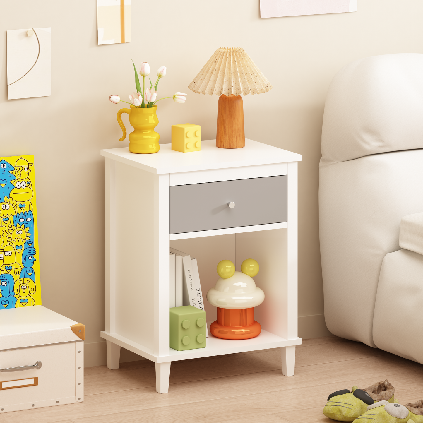 26.77''H Wooden Nightstand with One Drawer One Shelf for Kids, Adults,Gray+Silver handle image 1