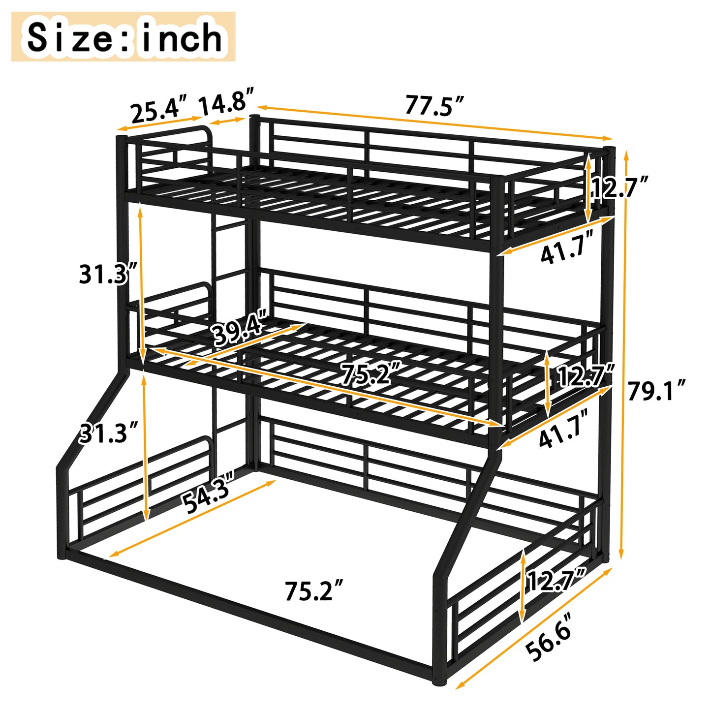 Twin over Twin over Full Bunk Bed, Metal Triple Bunk Bed with Safety Guardrails, Heavy-duty Bunk Bed with Noise-reduced Design, Black image 3