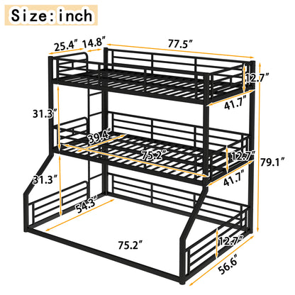 Twin over Twin over Full Bunk Bed, Metal Triple Bunk Bed with Safety Guardrails, Heavy-duty Bunk Bed with Noise-reduced Design, Black image 3