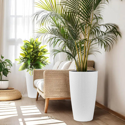 Set of 2 Faux Rattan Tall Planters Outdoor Indoor Large Planters with Water Level Monitor Inner Bucket, Automatic Watering, Flower Plant Pots for Garden, Patio, Porch, Backyard (White, 22 inch) image 8