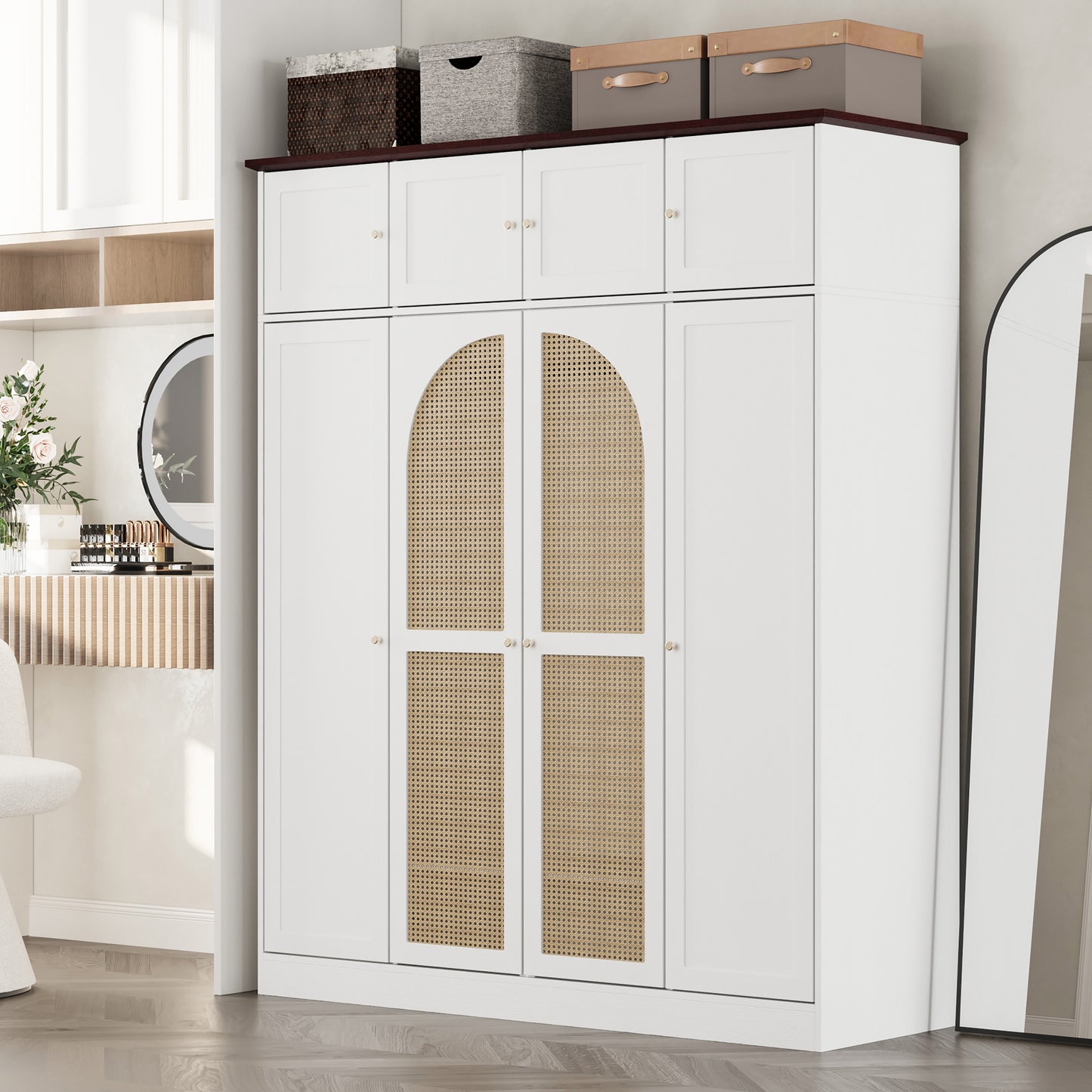70.87"Tall 8-Door Large Capacity Armoire Wardrobe Closet with Hanging Rod, Adjustable Shelves and Rattan Decorative Doors, Clothing Storage Cabinet for Bedroom, walk-in closet, Living Room, White image 1