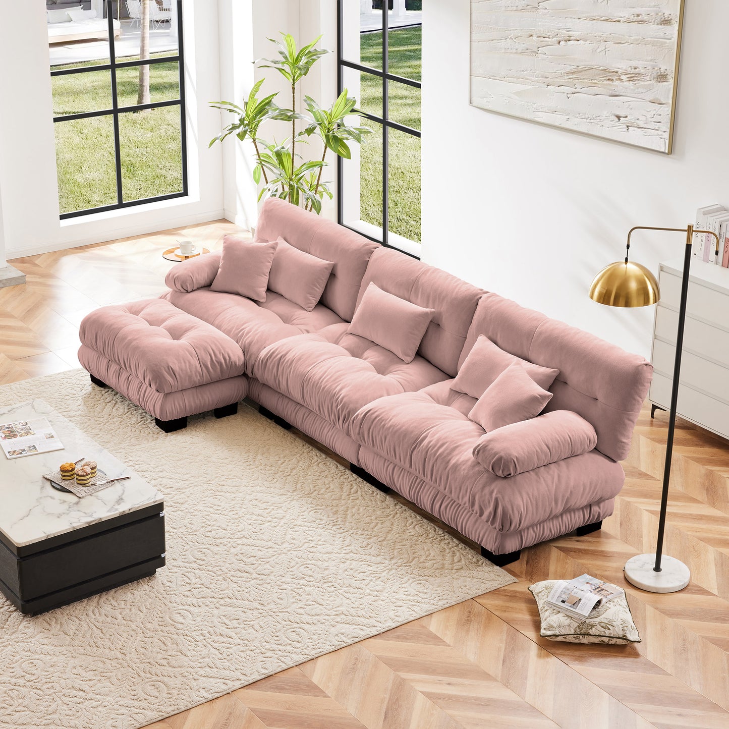 Luxury Modular Sectional Sofa Couch,Oversized L Shaped Cloud Couch for Living Room,Deep Seat Sofa Couch with Convertible Ottoman,Chenille Pink image 1
