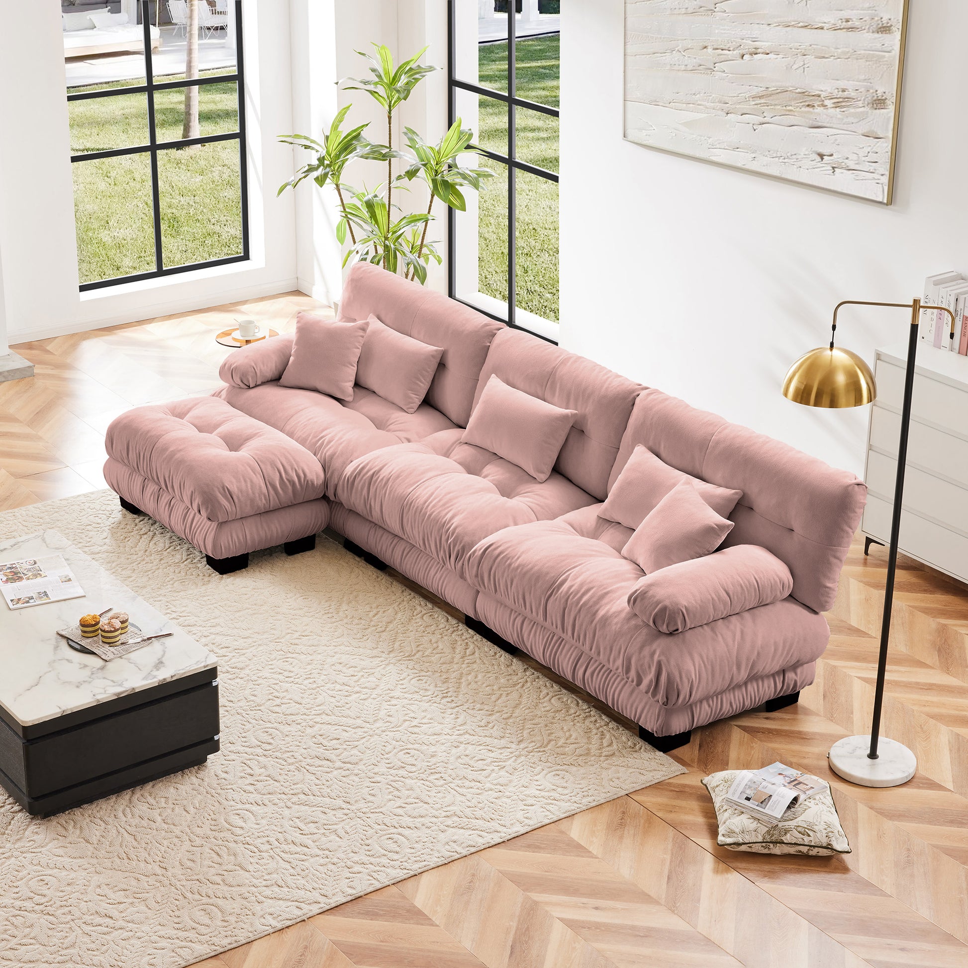 Luxury Modular Sectional Sofa Couch,Oversized L Shaped Cloud Couch for Living Room,Deep Seat Sofa Couch with Convertible Ottoman,Chenille Pink image 1