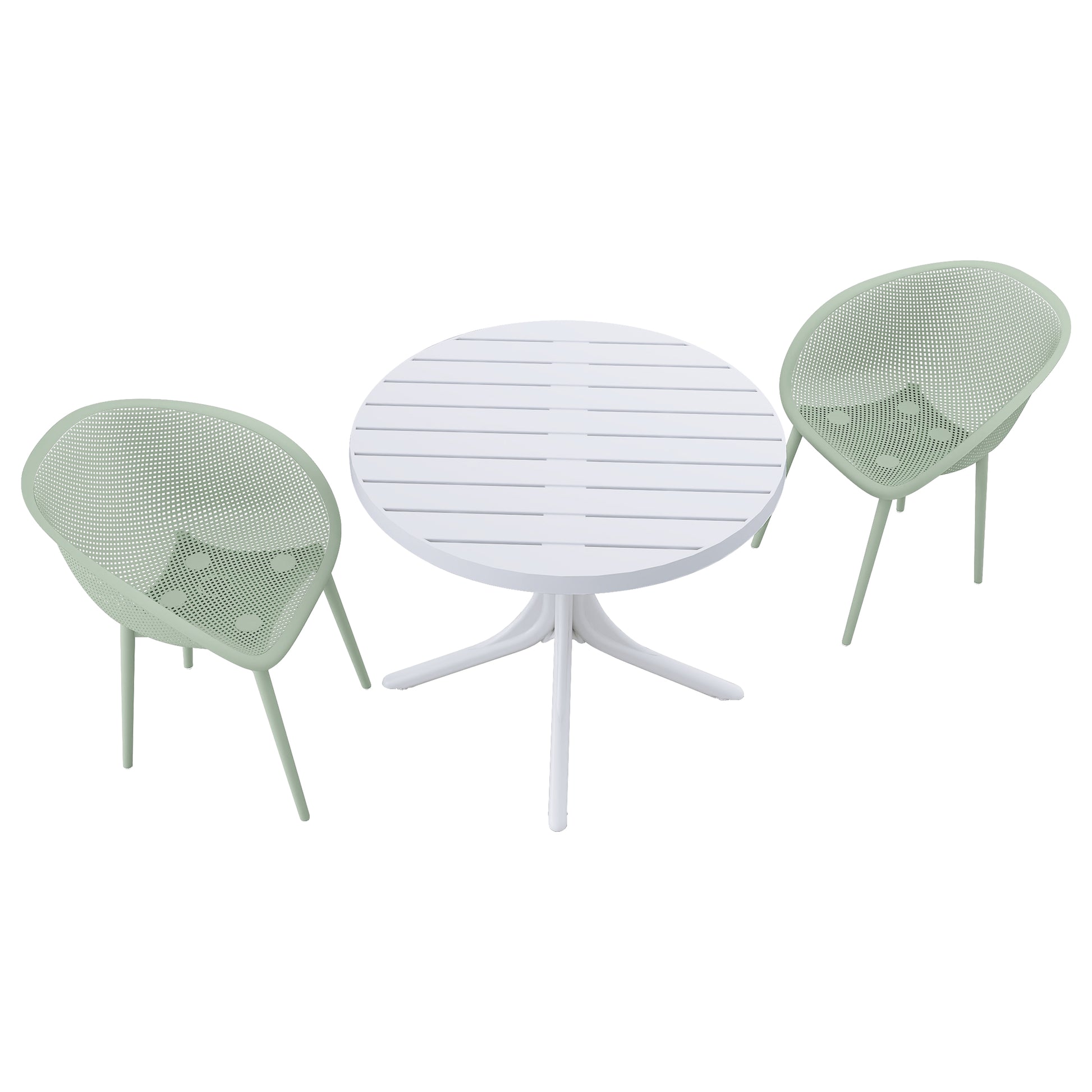 Summer - 2-Pack Pale Green Modern Lounge Chairs – Indoor/Outdoor All-Weather PP Plastic with 36 Inch Indoor/Outdoor Modern White Round PP Table image 7