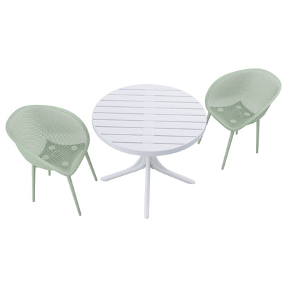 Summer - 2-Pack Pale Green Modern Lounge Chairs – Indoor/Outdoor All-Weather PP Plastic with 36 Inch Indoor/Outdoor Modern White Round PP Table image 7