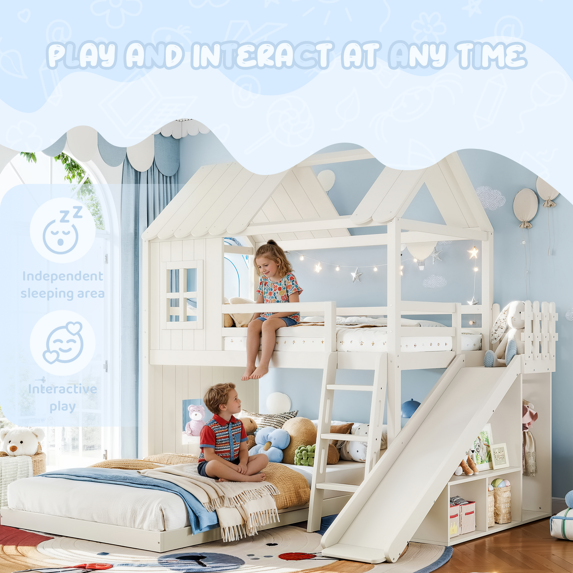 Twin over Full House Bunk Bed with Ladders and Slides, House Floor Bunk Bed with Storage Shelves and Wardrobe, Playhouse Design,Beige image 6