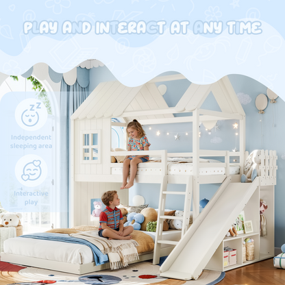 Twin over Full House Bunk Bed with Ladders and Slides, House Floor Bunk Bed with Storage Shelves and Wardrobe, Playhouse Design,Beige image 6