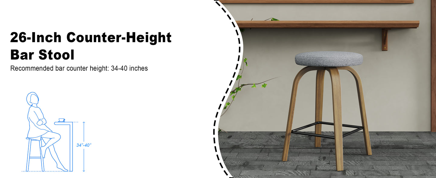 Swivel Bar Stools Set of 2, Counter Height Backless 26″ Bar Stool, Fabric Upholstered Seat, Sturdy Wood Legs and Metal Footrest, Mid-Century Modern Island Stools for Home Bars, Restaurants, Gray image 6