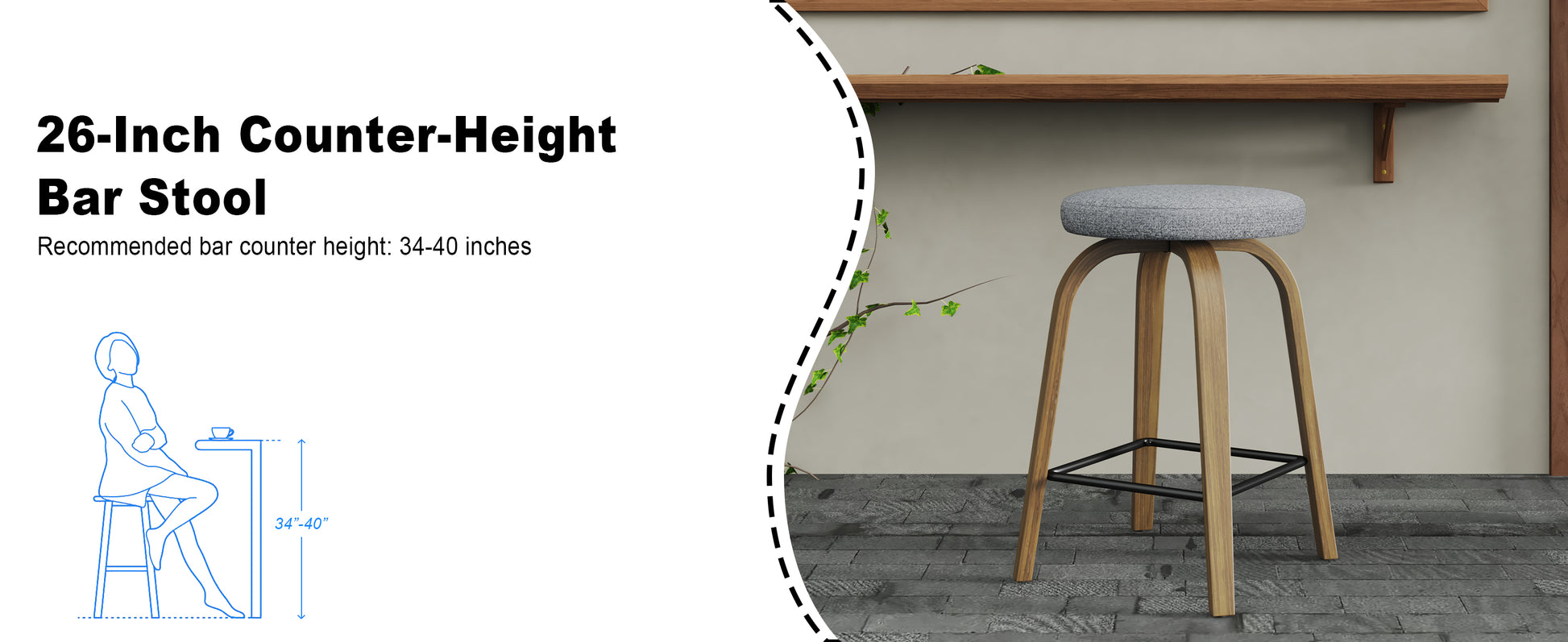Swivel Bar Stools Set of 2, Counter Height Backless 26″ Bar Stool, Fabric Upholstered Seat, Sturdy Wood Legs and Metal Footrest, Mid-Century Modern Island Stools for Home Bars, Restaurants, Gray image 6