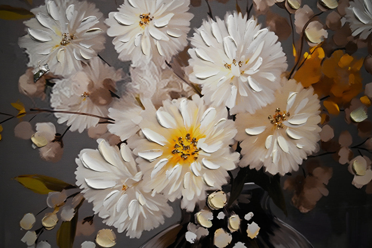 Hand-painted gold accents on white chrysanthemum canvas art