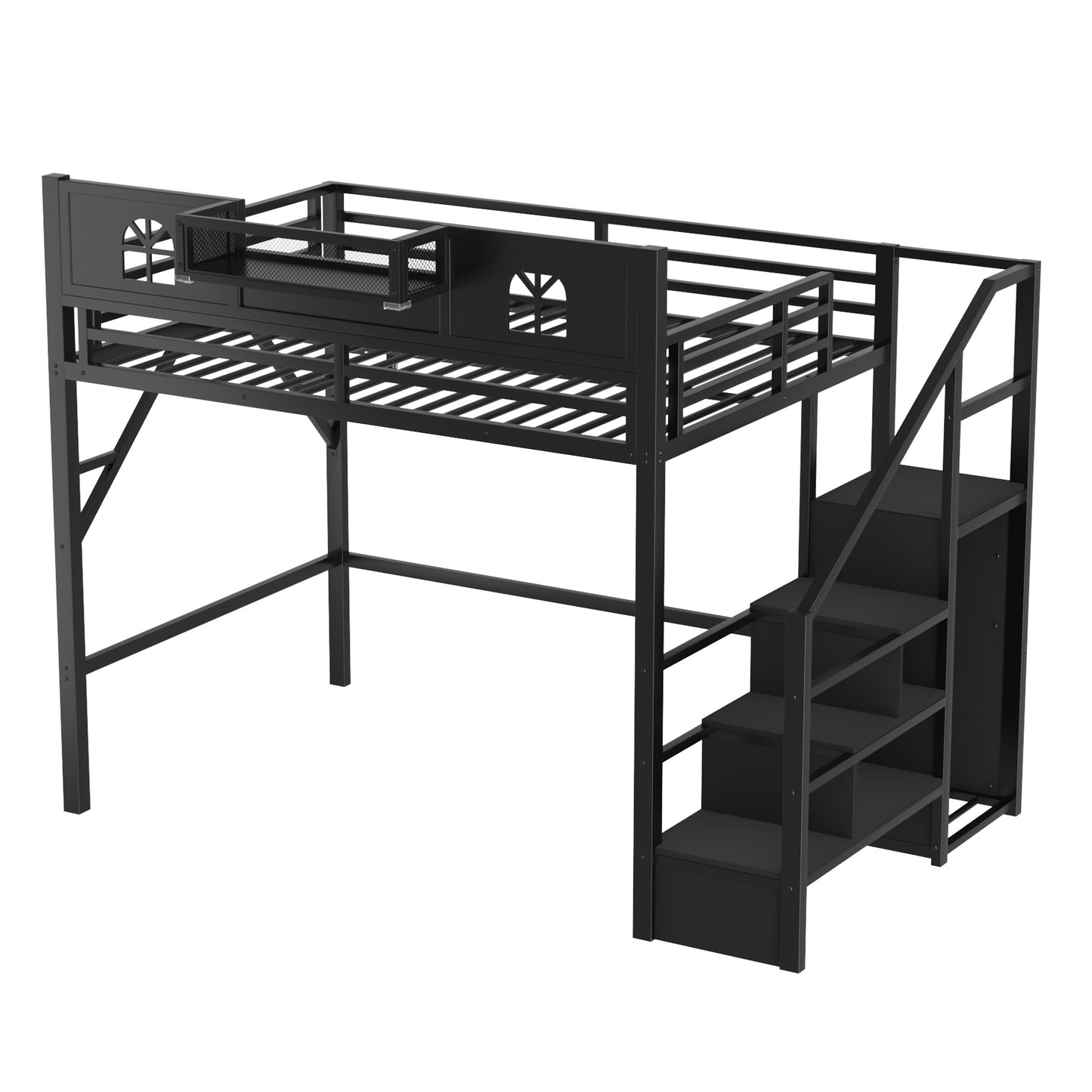Full Size Loft Bed with Stairs, Metal Full Loft Bed with High and House Shaped Guardrails, High Loft Bed with Wardrobe for Kids Teens, black(Expect Arrival Date2026/3/17) image 9