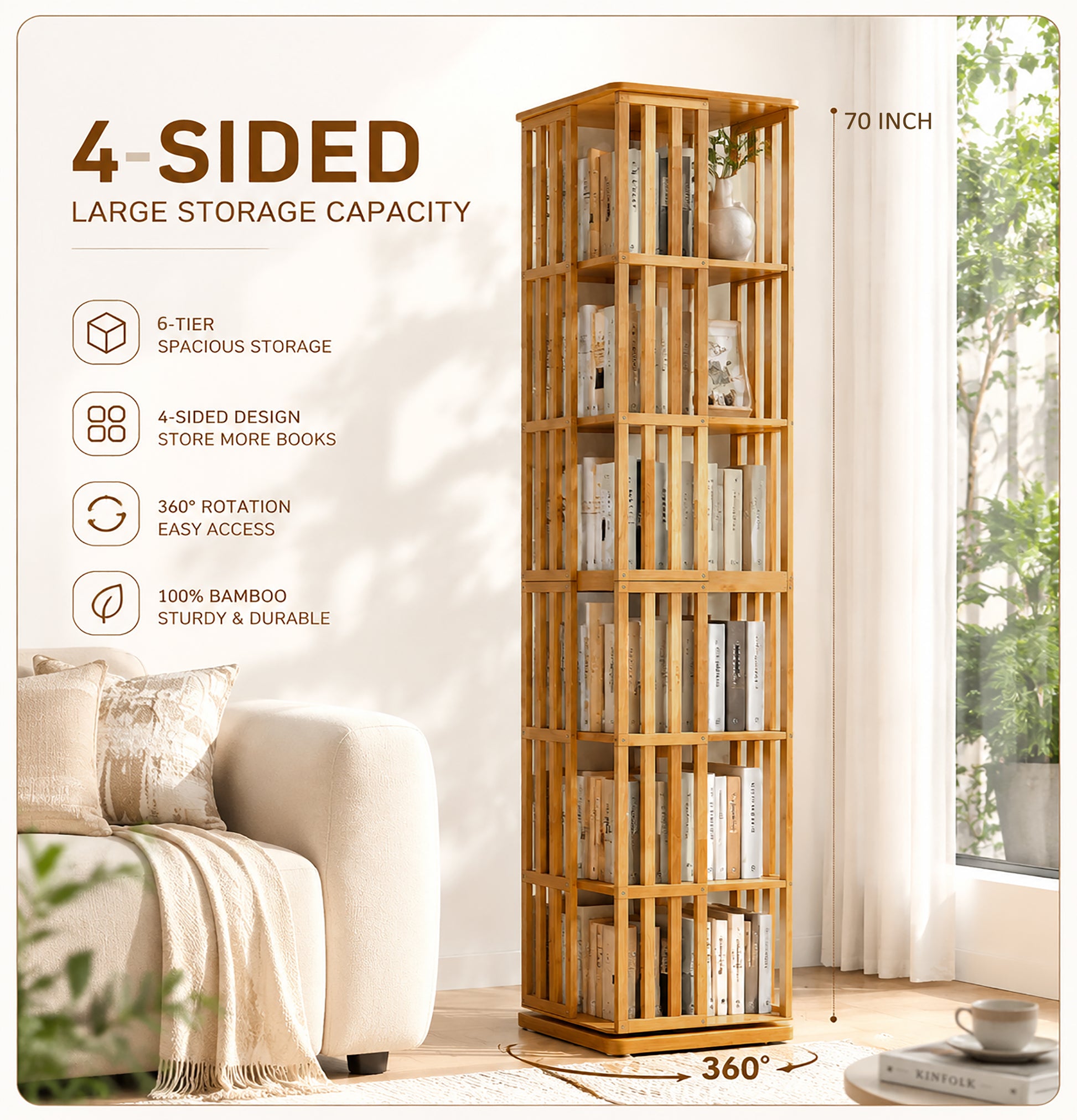Rotating Bookshelf Tower, 360° Display Spinning Bookcase, 6 Tier Bamboo Bookshelf Floor Standing Storage Rack, Wood Narrow Book Shelf Organizer for Kids Adults (BROWN) image 3