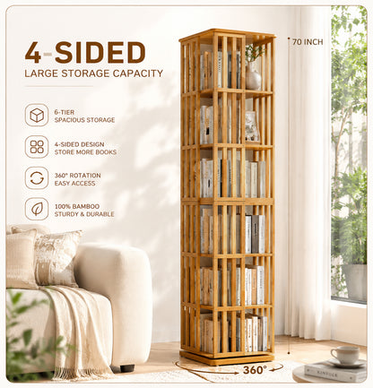 Rotating Bookshelf Tower, 360° Display Spinning Bookcase, 6 Tier Bamboo Bookshelf Floor Standing Storage Rack, Wood Narrow Book Shelf Organizer for Kids Adults (BROWN) image 3