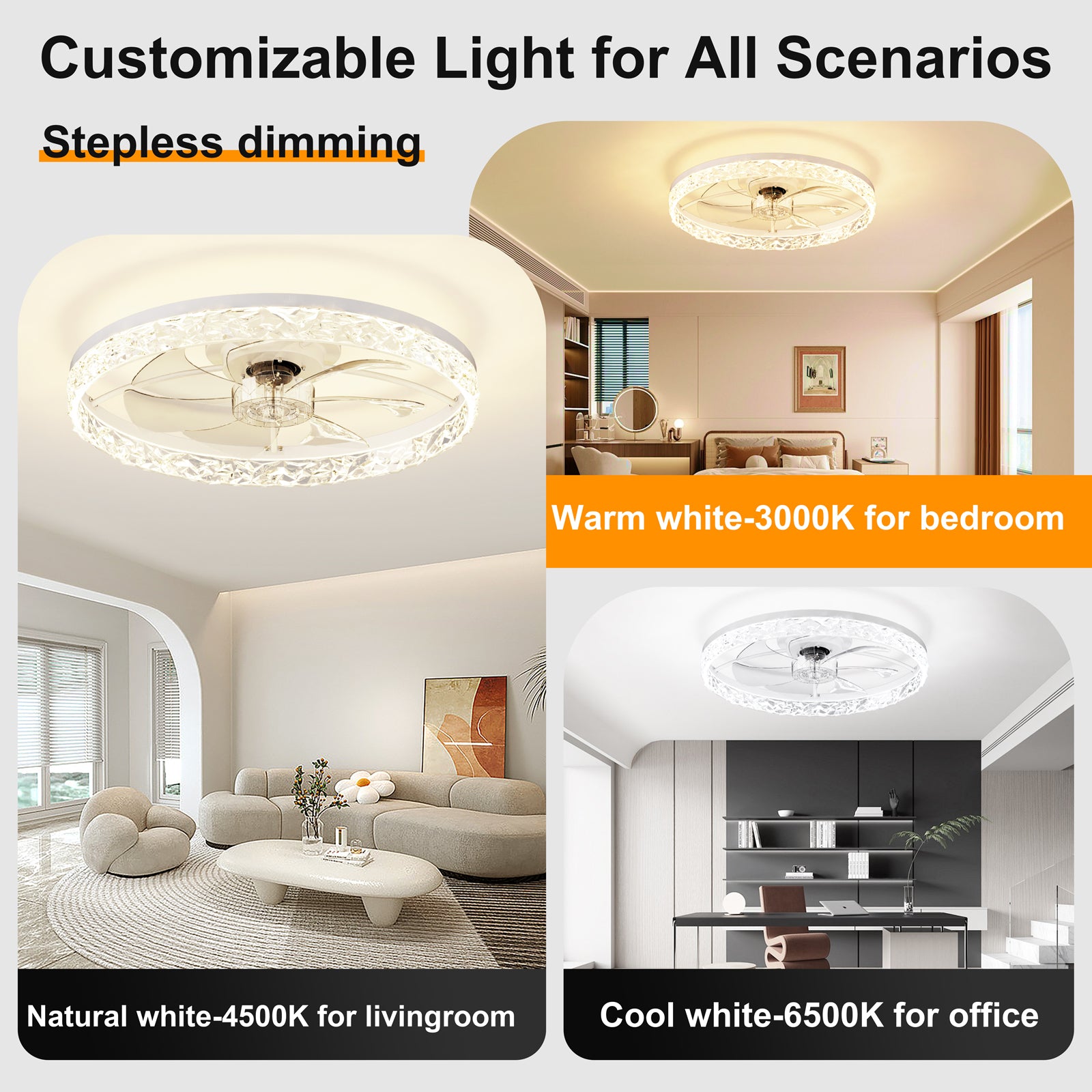 23.6" Ceiling Fans with Lights Remote and APP Control, Dimmable 3-Color and 6-Speed quiet DC Motor, WHITE Ceiling Fan for Bedroom Living Room image 3