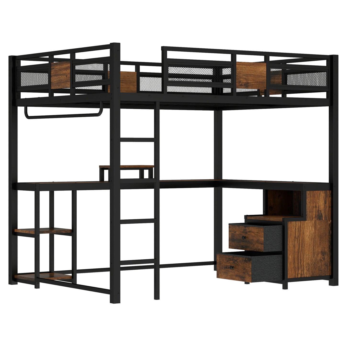 Queen Loft Bed with Desk and Storage Non-woven Fabric Drawers, Metal Loft Bed Frame with Ladders, Nosie-free and No Spring Box Needed, Black image 8