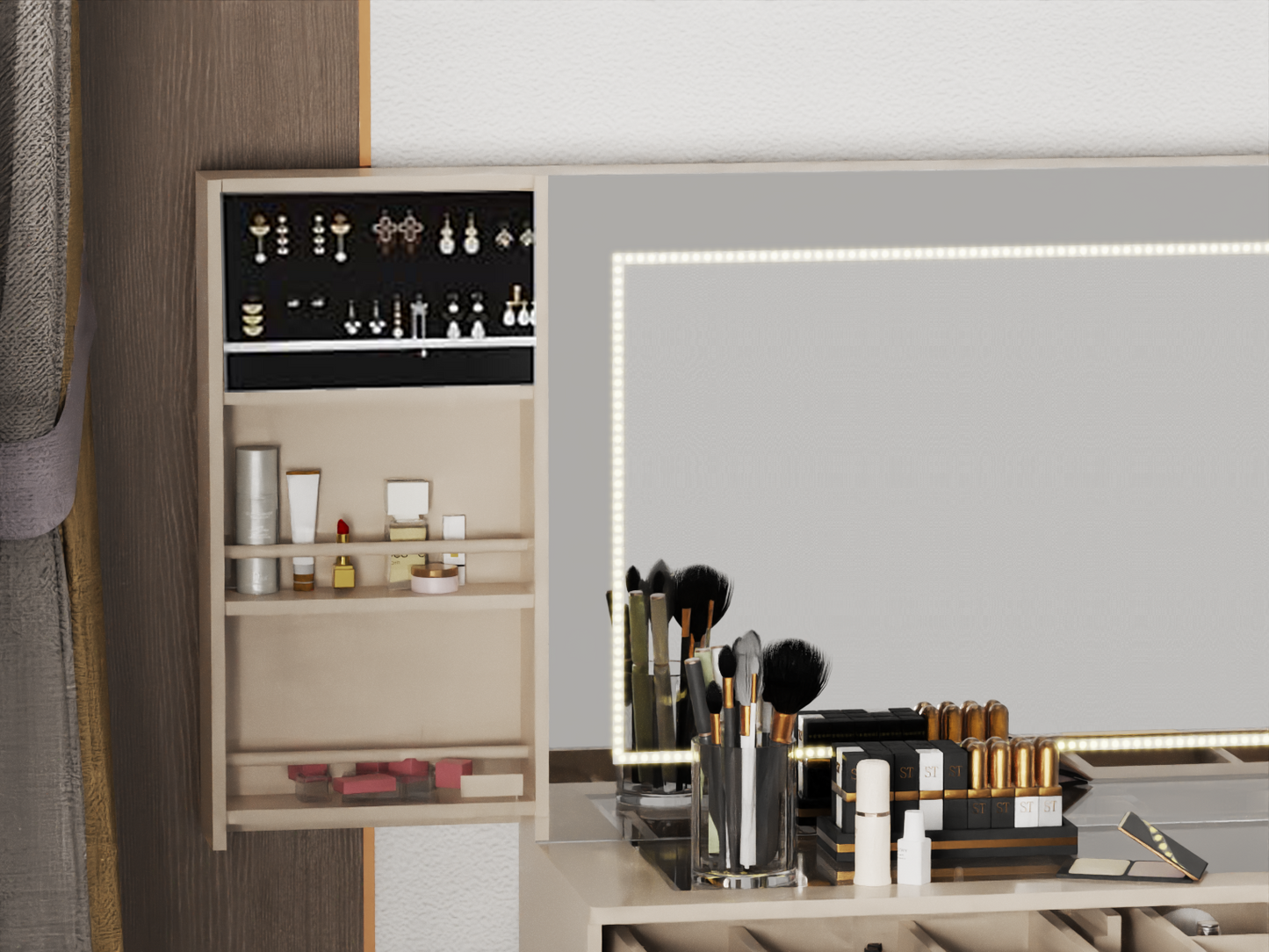 Makeup Vanity Desk with Mirror and Lights The fluted panel design, which is distinct and meticulously detailed image 4