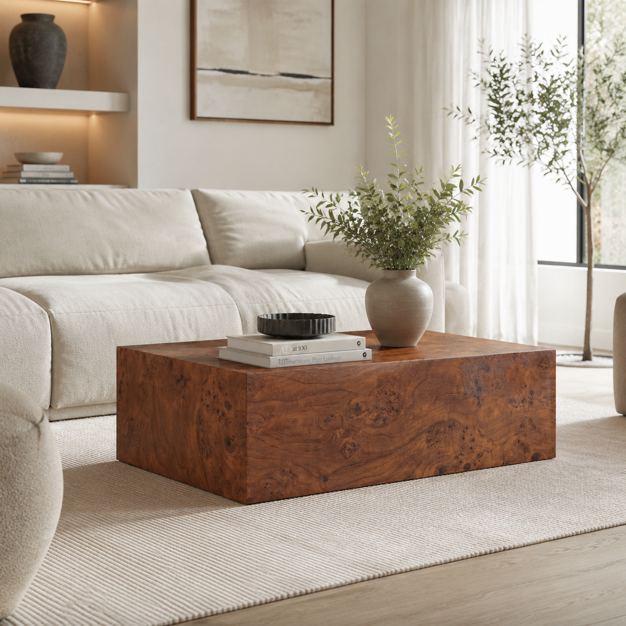 Premium Burl Walnut Veneer MDF Cube Table, Height Adjustable Multi-purpose Coffee Side End Table for Living Room, 39.4"×21.7"×11.8", No Extra Items Included image 1