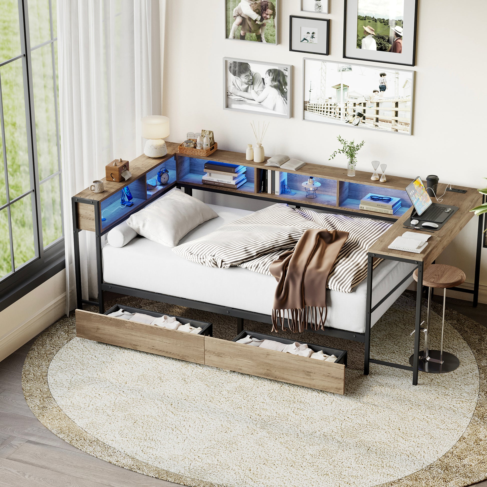 Corner Bed Frame Twin Size with Bookcase and 2 Underbed Storage Drawers, Modern Twin Bed with LED Light and Charging Station, Grey image 3