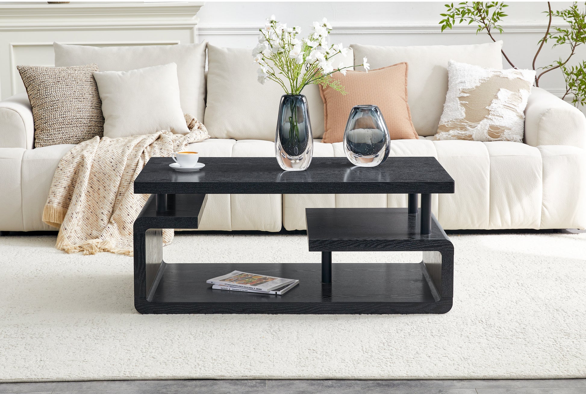 Three-Tier MDF Coffee Table with Black Wood Grain Finish, Modern Multi-Layer Storage Coffee Table Sturdy Frame for Living Room Office image 4