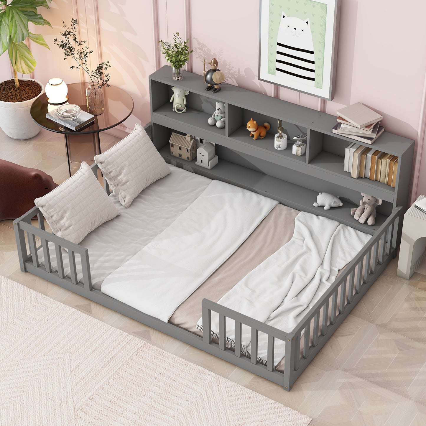 Full Floor Bed with Side Bookcase,Shelves,Guardrails,Grey image 10