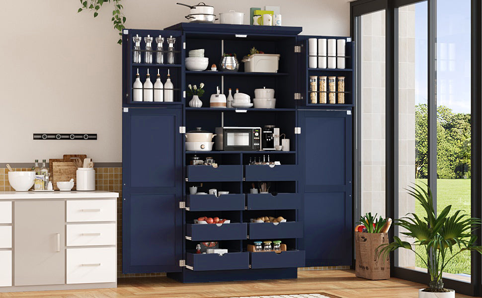 [Assembly Video Provided] TOPMAX 35.5x17.6x70.9inch Freestanding Kitchen Pantry Cabinet, Tall Storage Cabinet with 4 Doors, 2 Door Shelves, 8 Pull-out Trays and Adjustable Shelf for Dining Room, Blue image 2