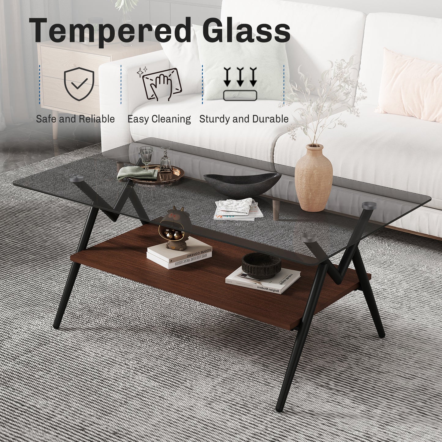 Rectangle Coffee Table with Tempered Glass top and Brown MDF Shelf, Modern Table for Living Room, Gray Glass image 2
