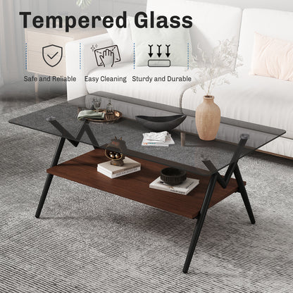 Rectangle Coffee Table with Tempered Glass top and Brown MDF Shelf, Modern Table for Living Room, Gray Glass image 2
