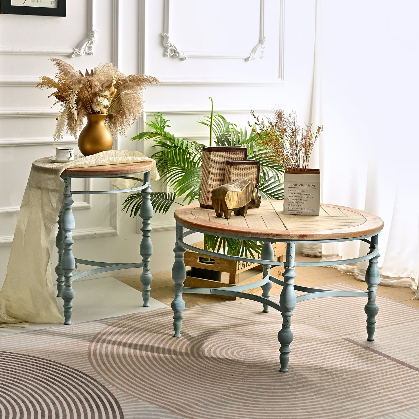 Easy Assembly 20.08" Accent Rustic Wooden Carved Coffee Table, Round Wooden Top Metal Leg Round End Table For Living Room image 11