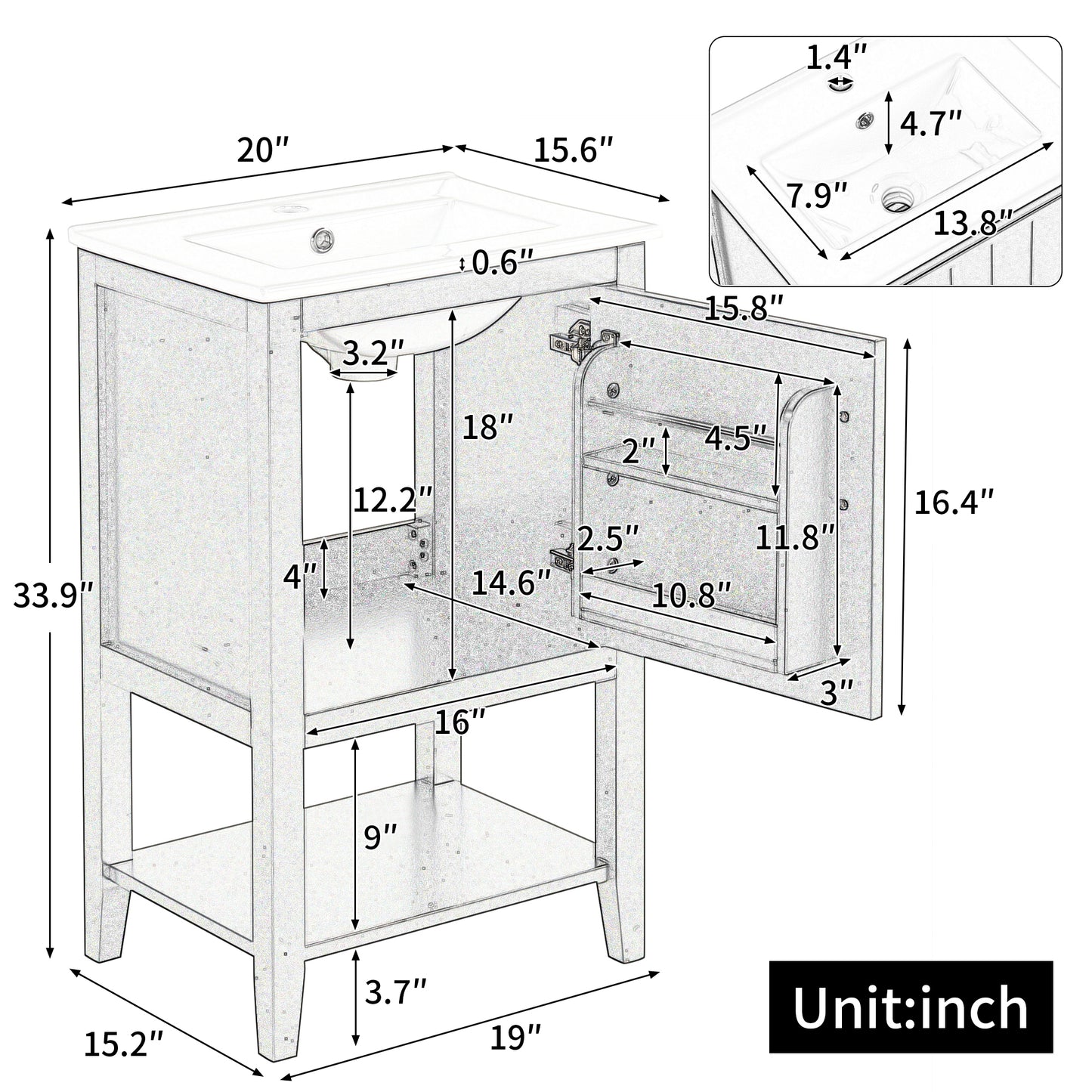 20" Bathroom Vanity with Sink, Bathroom Cabinet with Soft Closing Door, Storage Rack and Open Shelf, White(Old SKU:WF308492AAK/N725P220604K) image 3
