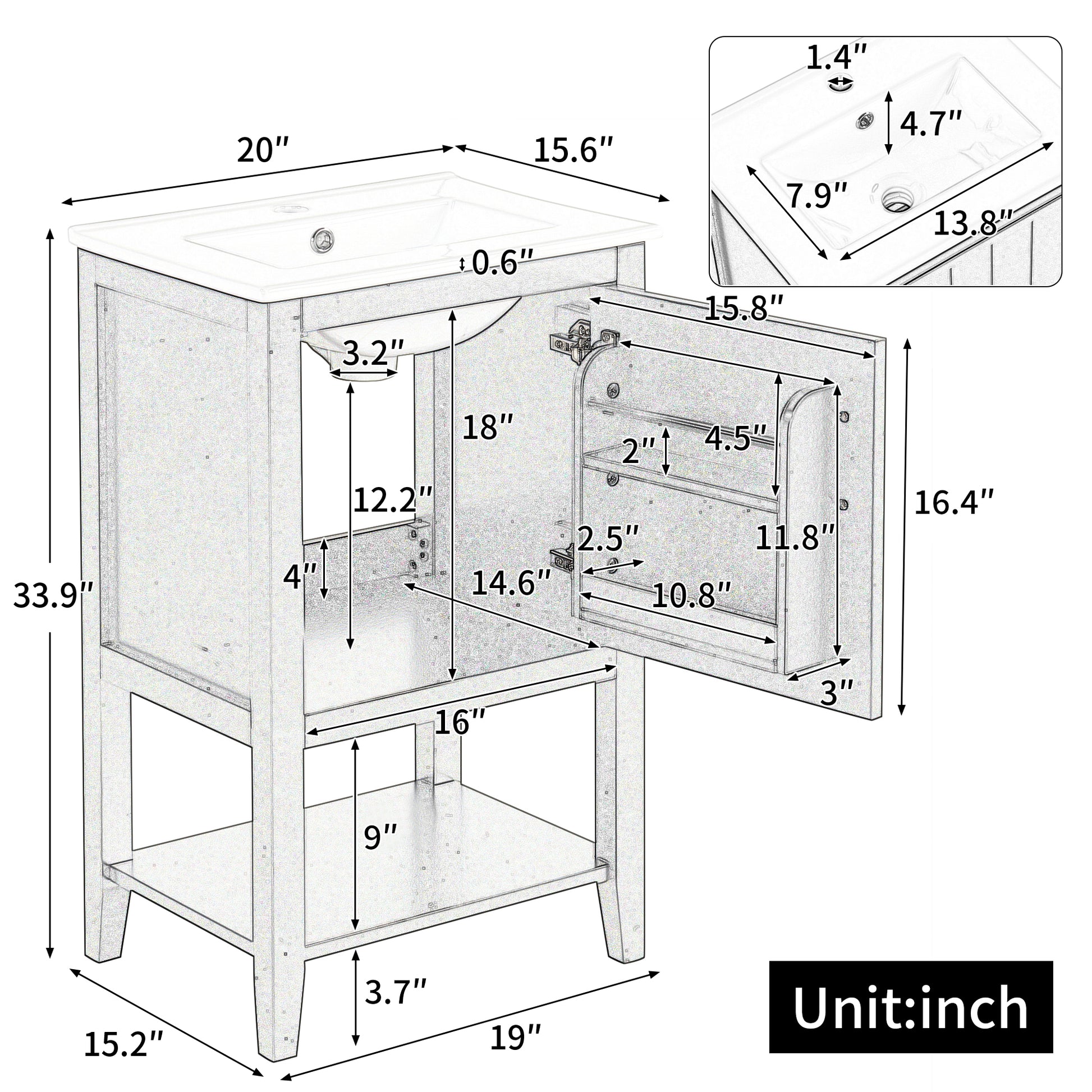 20" Bathroom Vanity with Sink, Bathroom Cabinet with Soft Closing Door, Storage Rack and Open Shelf, White(Old SKU:WF308492AAK/N725P220604K) image 3