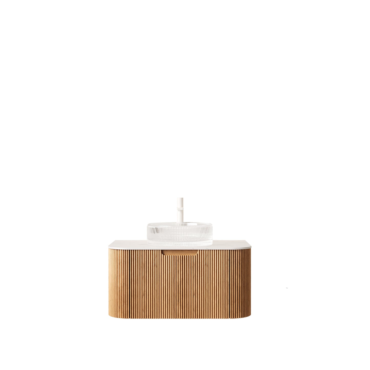 DINA 30" Bathroom Vanity with Sink, Wall-Mounted Floating Curved Edges Striped Storage Cabinet with Drawer, Transparent Round Glass Basin and Countertop, Pre-assembled, Natural Woodgrain Color image 3