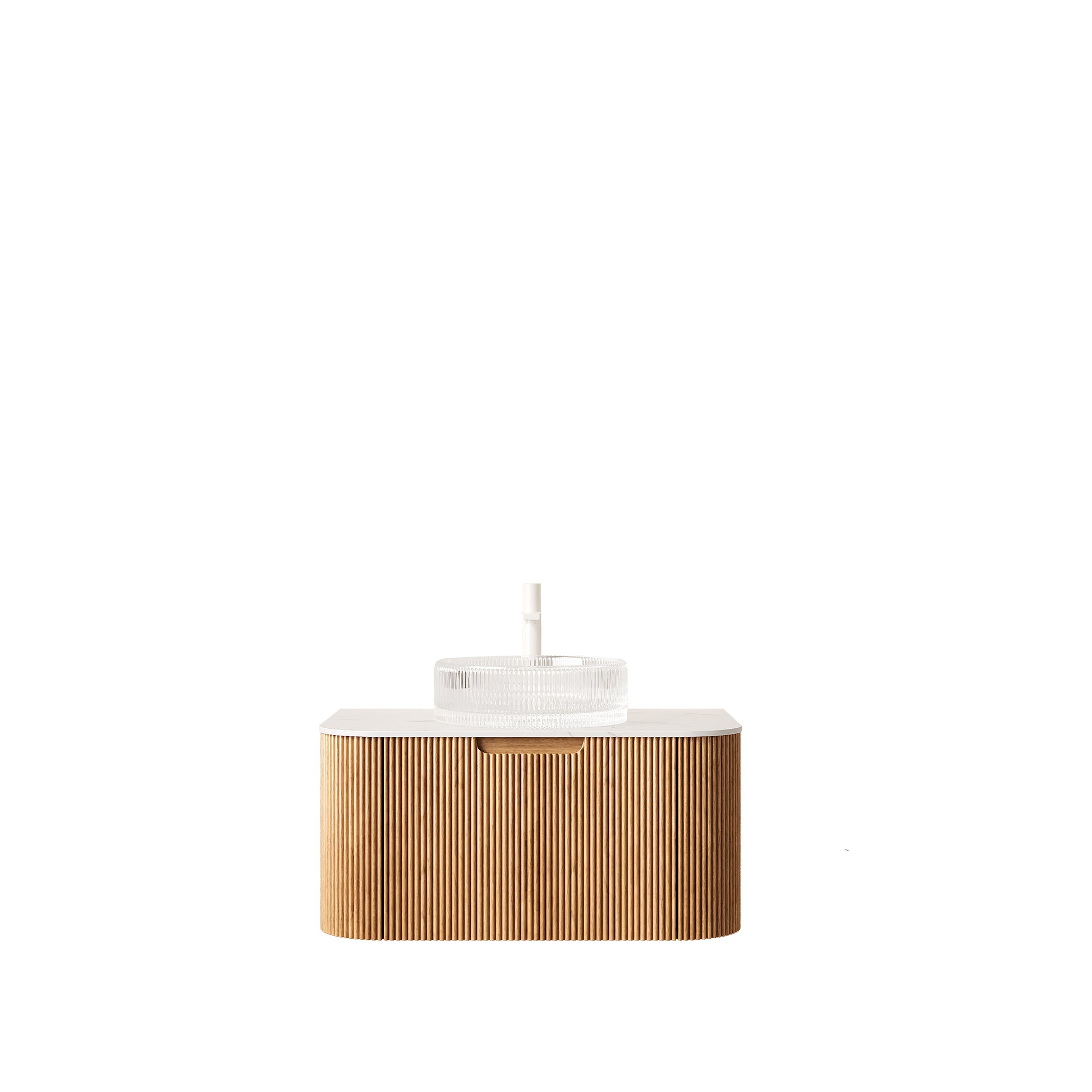 DINA 30" Bathroom Vanity with Sink, Wall-Mounted Floating Curved Edges Striped Storage Cabinet with Drawer, Transparent Round Glass Basin and Countertop, Pre-assembled, Natural Woodgrain Color image 3
